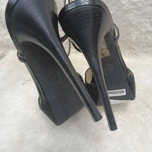 Michael Kors Black Felicia T Strap Platform Peep Toe Heel US 8M - Picture 8 of 8